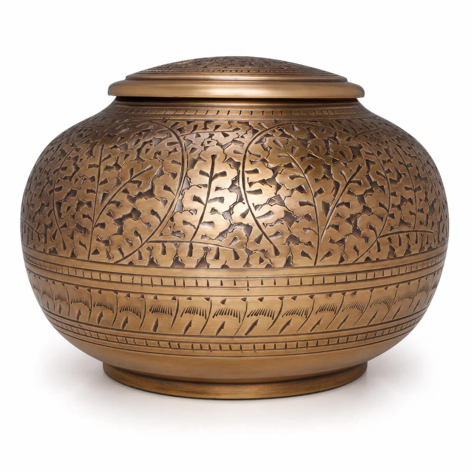 Round Leaf-Carved Solid Brass Cremation Urn