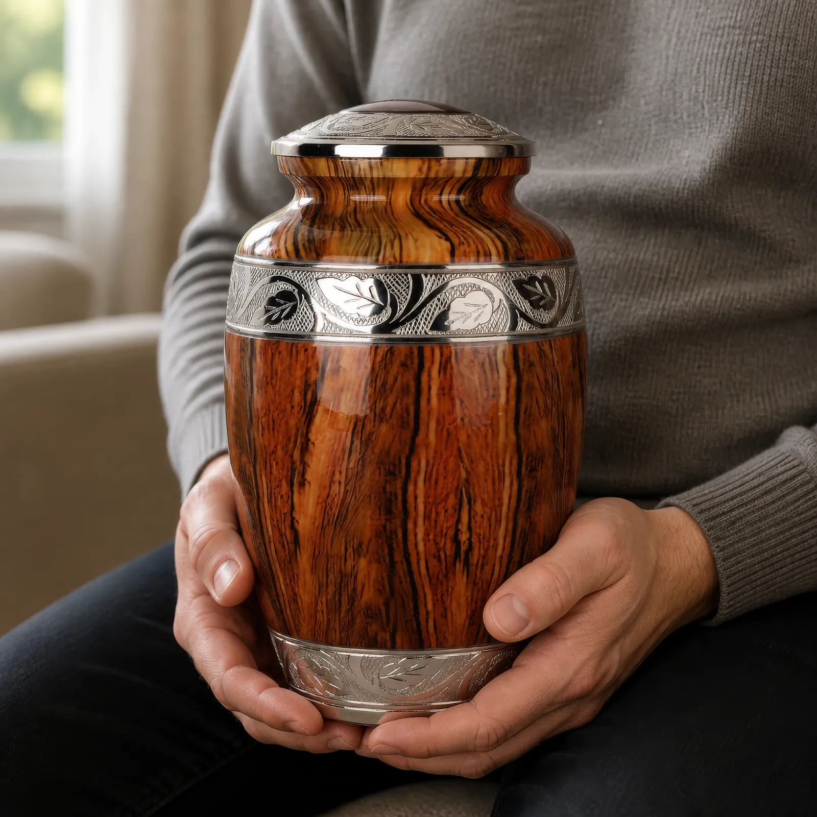 Wood-Grain Alloy Cremation Urn with Silver Engraving wholesale cremation urn — photo 4