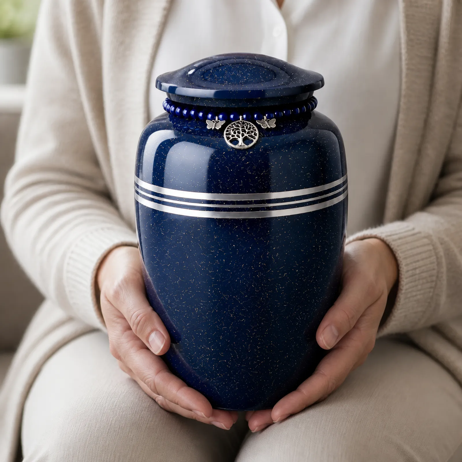 Blue Speckled Alloy Urn with Tree of Life Charm wholesale cremation urn — photo 5