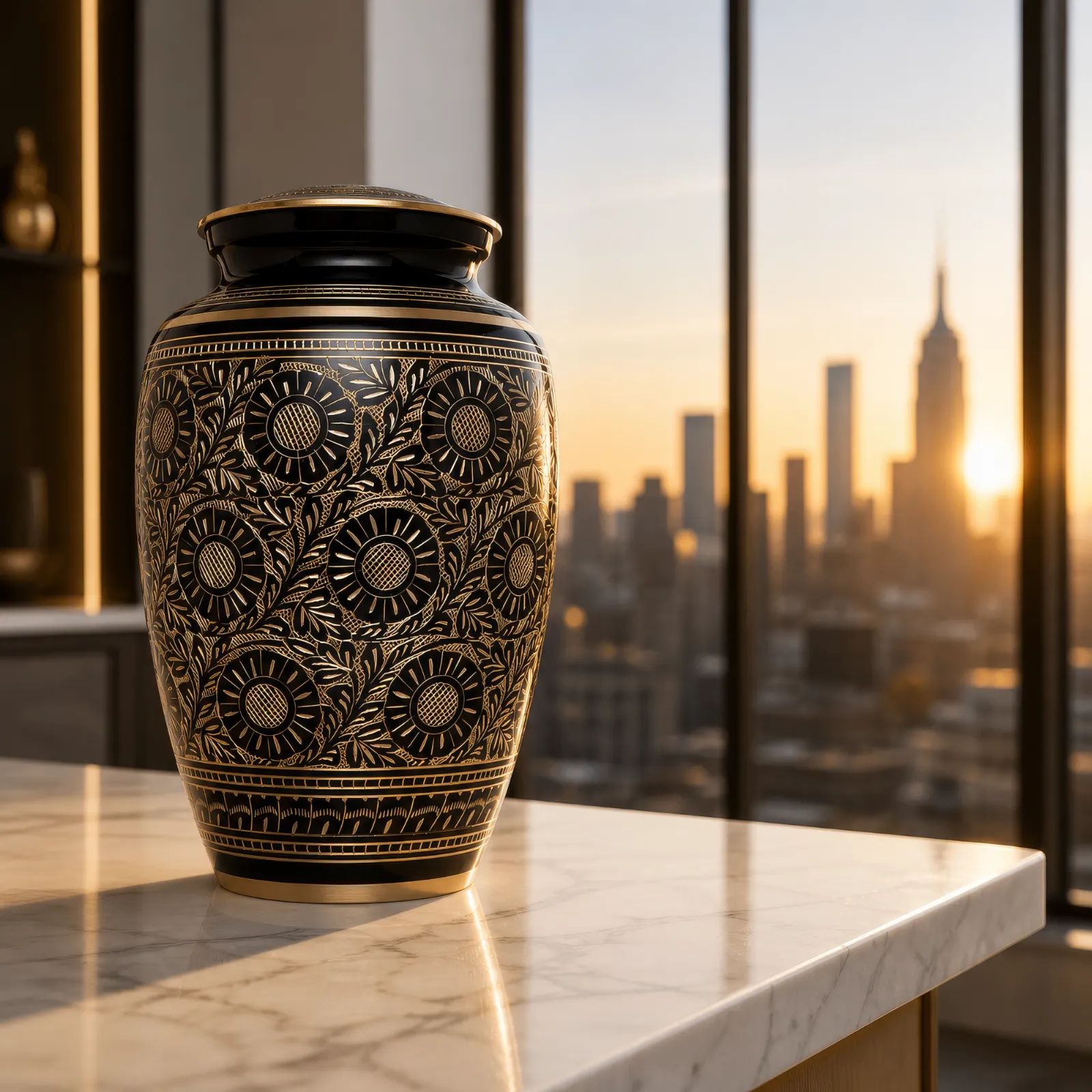Black & Gold Hand-Engraved Brass Cremation Urn wholesale cremation urn — photo 2