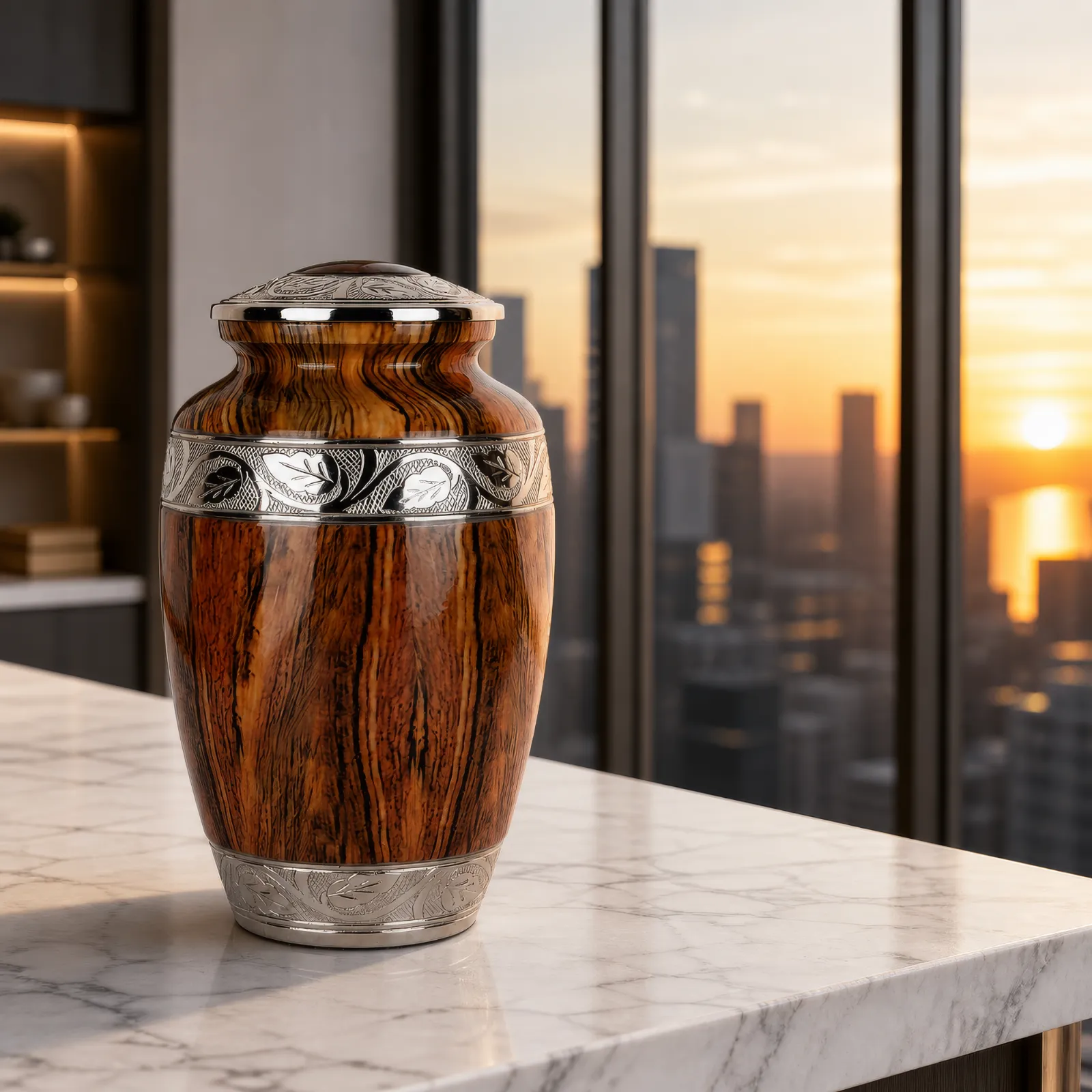 Wood-Grain Alloy Cremation Urn with Silver Engraving wholesale cremation urn — photo 2