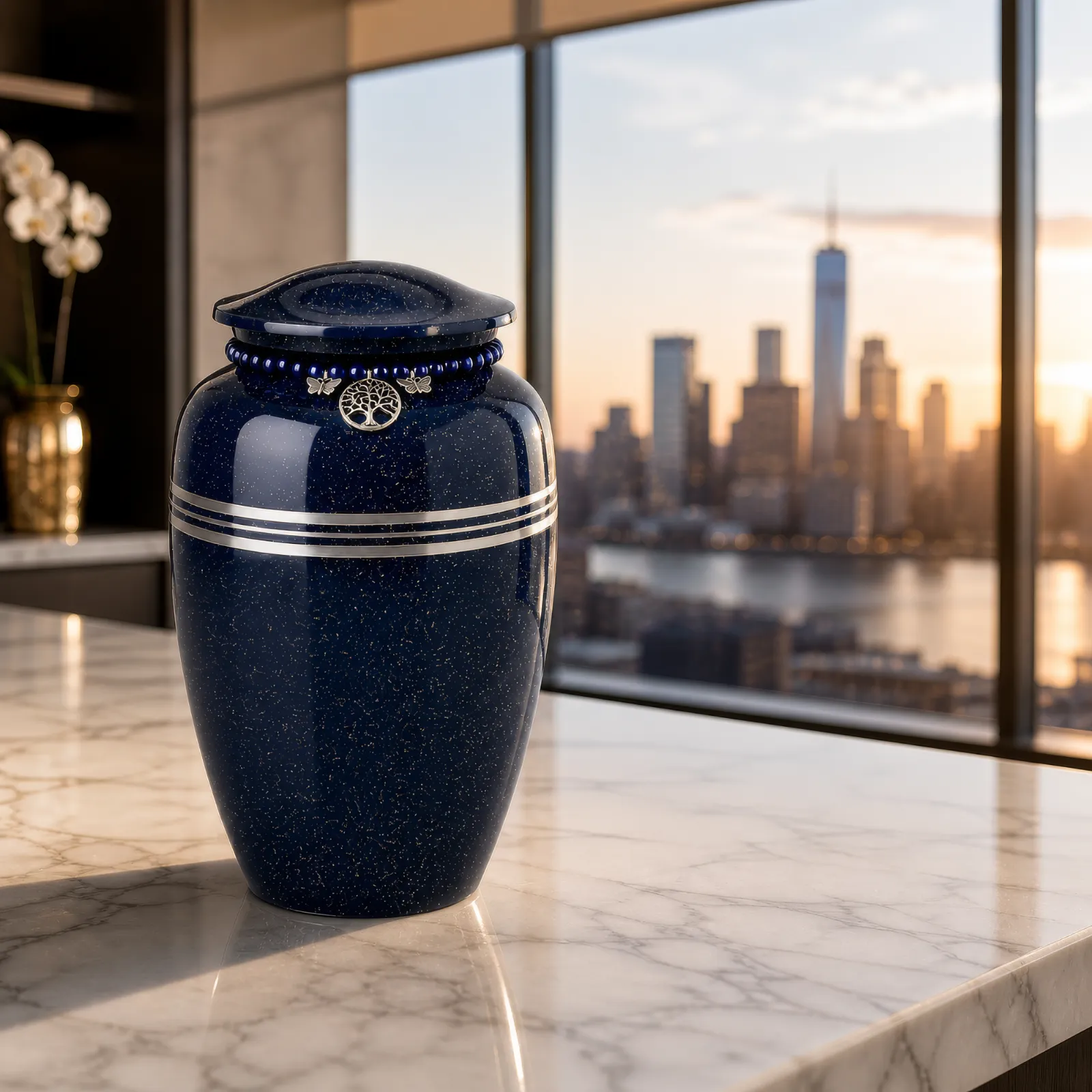 Blue Speckled Alloy Urn with Tree of Life Charm wholesale cremation urn — photo 2