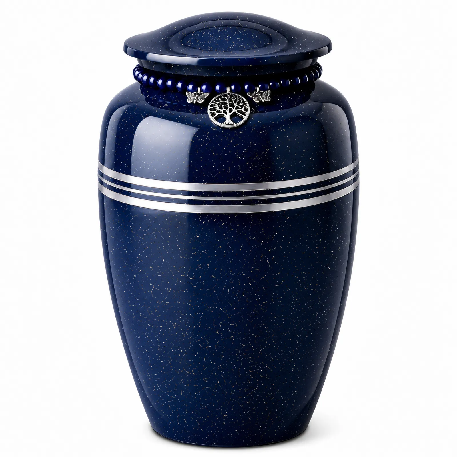 Blue Speckled Alloy Urn with Tree of Life Charm