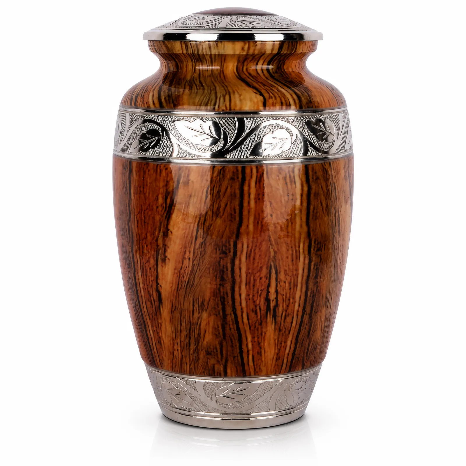 Wood-Grain Alloy Cremation Urn with Silver Engraving